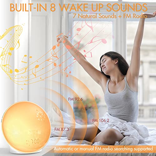 Wake Up Light Sunrise Alarm Clock for Heavy Sleepers, Bedroom, Full Screen Clock Radio with Sunrise Simulation, 3 Light Modes, Snooze, Dual Alarms, 8 Natural Sounds, Ideal for Gift
