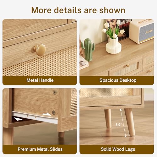 TEENFON Dresser for Bedroom, 47.2''Wide 7 Drawer Rattan Dresser, Wood Dressers TV Stand, Boho Dressers & Chests of Drawers for Bedroom, Entryway, Natural - Image 8