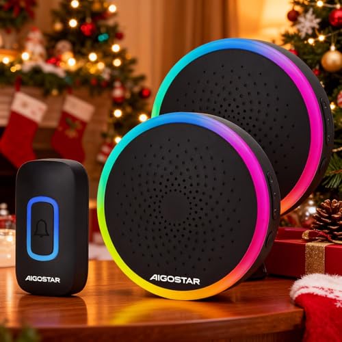 Aigostar Timbre Inalámbrico RGB, Timbre Inalámbrico Exterior Impermeable Sin Pilas, IP55, 5 Niveles De Volumen (0-120dB) Y 60 Melodías, Negro (2 Receptor Y 1 Transmisor)