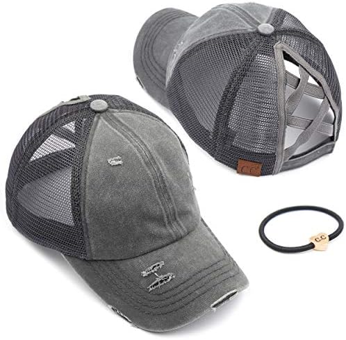 C.C Exclusives Washed Distressed Cotton Denim Criss-Cross Ponytail Hat Baseball Cap Bundle Hair Tie (BT-780)(BT-791) (A Elastic Band-Grey)