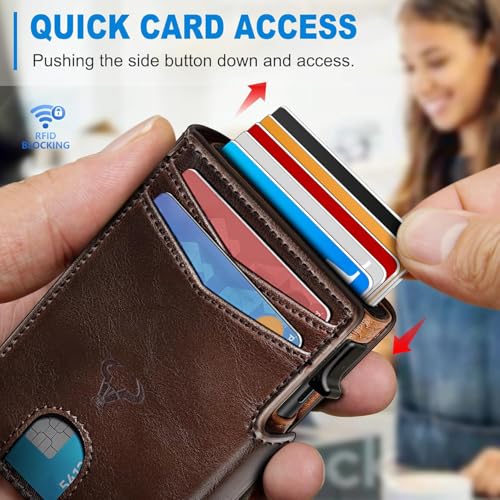 Image of VOGARD Slim RFID Blocking Wallet for Men | Pop-Up Card Holder with Money Clip & Coin Pocket | Magnetic Flip Leather Wallet | Holds 9 Cards, Cash & Keys | Coffee Brown