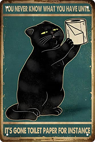 Funny Black Cat Bathroom Decor Retro Metal Tin Sign - You Never Know What You Have Until It's Gone Toilet Paper For Instance - Vintage Art Sign for Home Office Room Wall Decor Poster Gift 8x12 in