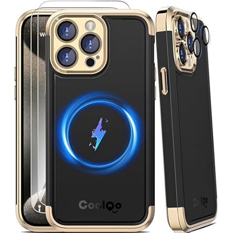 COOLQO Magnetic for iPhone 15 Pro Max Case [Compatible with MagSafe] 2X[Tempered Glass Screen Protector+Camera Lens Protectors] Shockproof Protective Phone Case for iPhone 15 Pro Max, Black Gold Cover