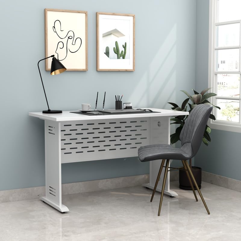 RIGID Metal Computer Desk with Leg Space, Modern Sturdy Gaming Desktop, Laptop Study Table for Office Home Workstation (White)