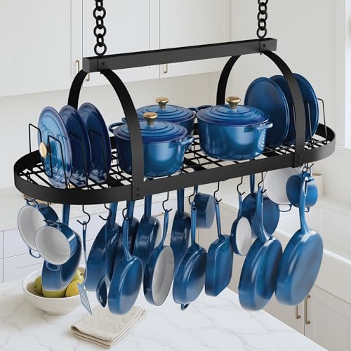 KES 48 Inch Large Ceiling Pot Rack with Lid Organizer, Oval Heavy Duty Hanging Pot Rack Ceiling Mount for Kitchen Over Island, Cast Iron Pan Hanger with 20 Hooks, 16