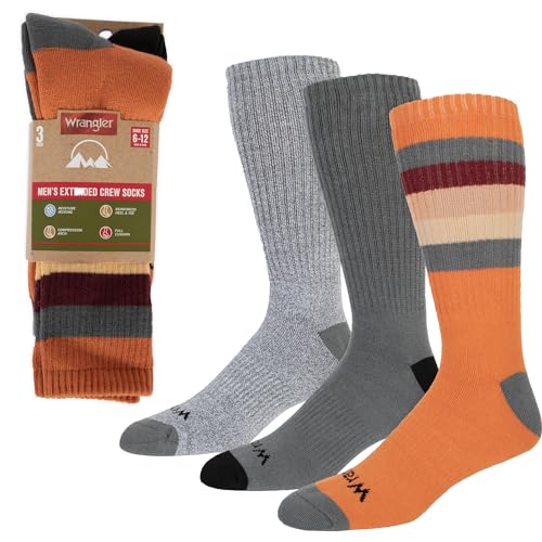 Wrangler 3 Pack Cushioned Arch Support Men's Crew Socks - Striped Outdoor Socks for Hiking & Work - Size 6-12