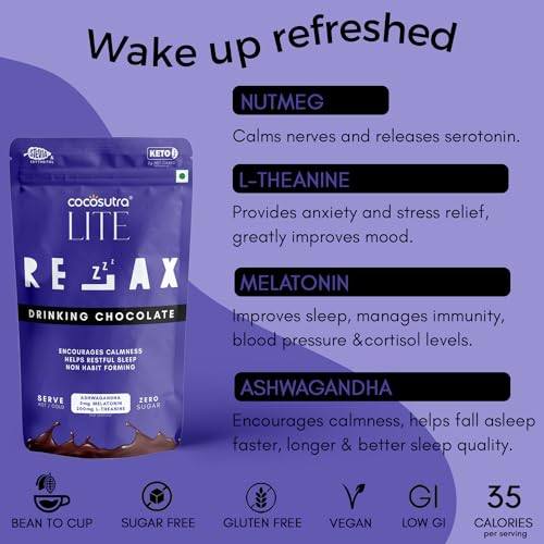 Image of COCOSUTRA LITE | RELAX - Sugar Free Drinking Chocolate Mix - Trial Pack | Melatonin Support for Restful Sleep | Added Ashwagandha| Non Habit Forming | Ages 14 & Up | Keto Friendly | Ready in 2 Minutes | Enjoy hot or cold | 2 Sachets | 20g each