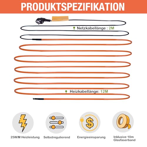 Plutohiker frostschutz heizkabel 12M, Selbstregulierendes temperatur heizkabel für Metall-/Kunststoff wasserleitung,pflanzen,palmen,hausrohren, Dachrinnen, Weidetrögen