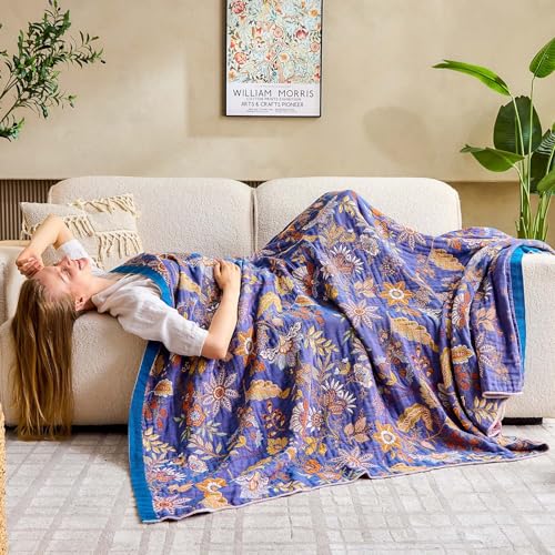 Image of XIBLC Boho Blanket, 100% Cotton Farmhouse Decorative Throw Blanket, 80 inchx90 inch Reversible Bohemian Throw Blanket, Purple All Season Muslin Breathable Woven Blankets Quilt