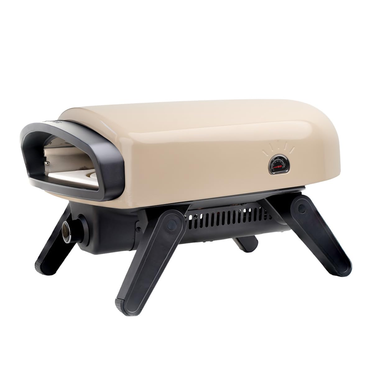 SANTOS Pizzaofen O-140 Beige mit Motor – Gas-Pizzaofen 4,7 kW – Drehteller & 360° Bräunung – Cordieritstein Ø35cm – 500 °C – Outdoor – klappbar