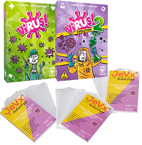 JEVX Pack Juego de Cartas Virus 1 + Expansion Virus 2 Evolution - Tranjis Games + 120 Fundas Protectoras Baraja Version Española Juego de Mesa Niños y Adultos, Baraja Multicolor