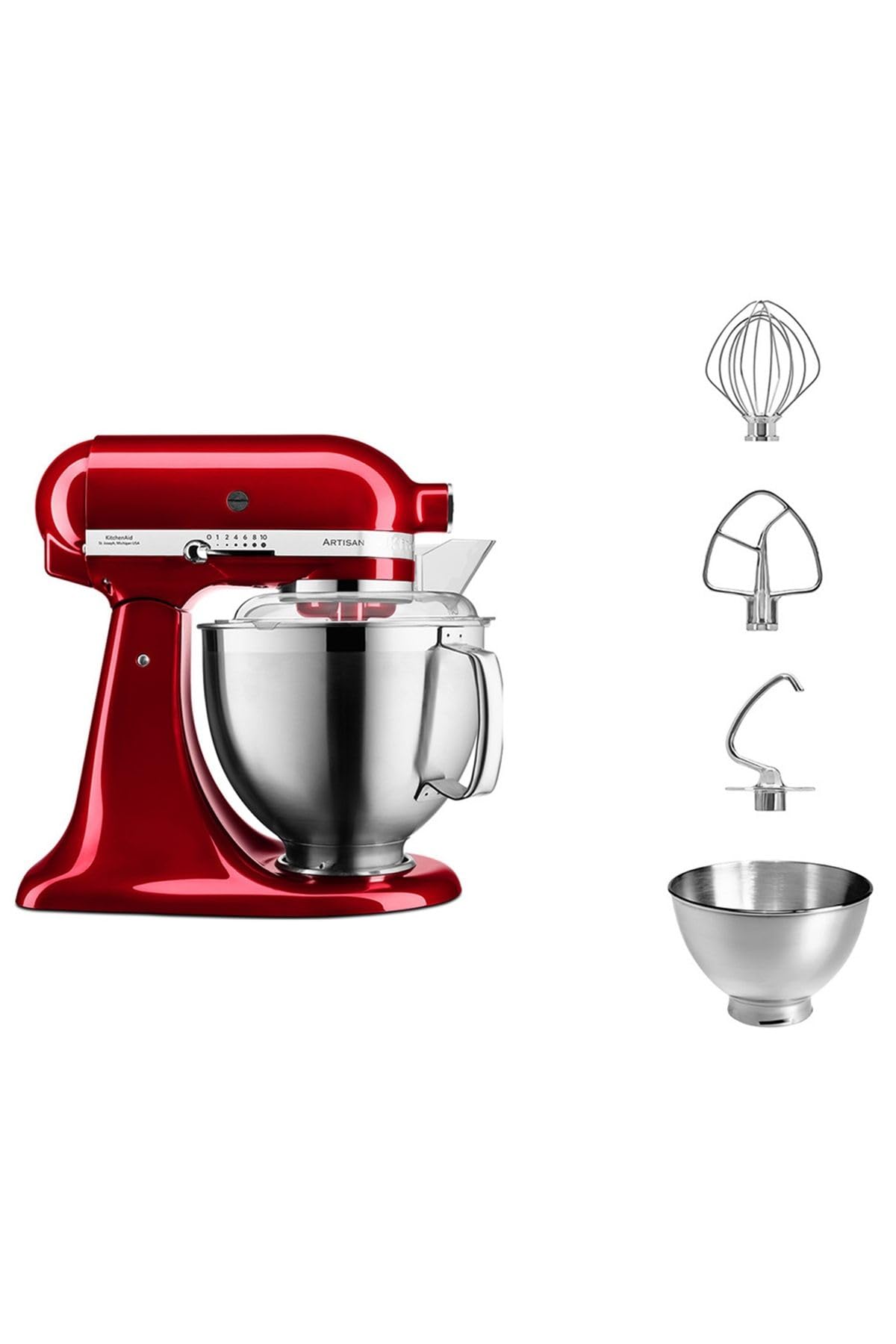 KitchenAid Robot de cocina Artisan – Procesador de alimentos basculante – Máquina amasadora con 2 cuencos y 3 accesorios de acero inoxidable – 4,8 L – Rojo manzana