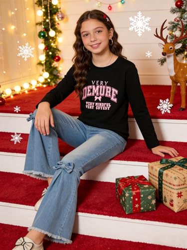 Image of Toddler Girl Clothes Long Sleeve Cartoon & Letter Graphic Top + Fruit Stationery Print Flared Leg Pants