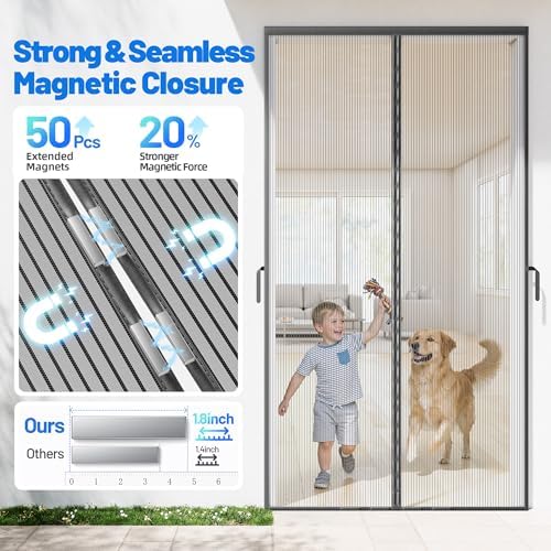 Heavy Duty Magnetic Screen Door Mesh - Auto-Sealing Door Net Screen with 50 Magnets, Pet & Kid Friendly, PET Fine Mesh Doors Screens Keep Bugs Out Fits Front Doors Size 36"x82" - Screen Size 38"x84" - 3