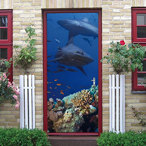 Autocollants De Porte Trompe L'Oeil 3D 77X200cm Amovible Stickers Porte Requin Corail Sous-Marin Créatives Papier Peint PVC Auto-Adhésif Chambre Cuisine Salle De Bain...