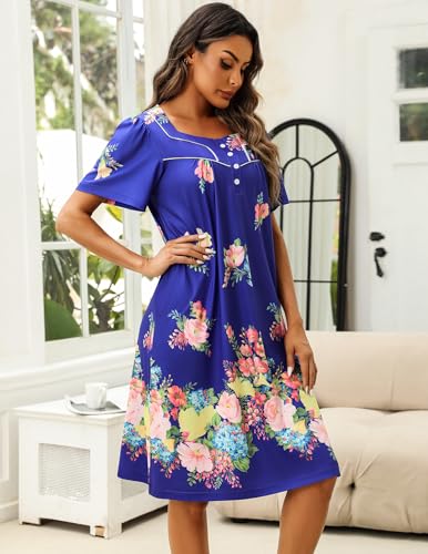 Image of Ekouaer Women's House Dress with Pocket Button Mumus | Short Sleeve Nightgown, Floral Print Mumu Dresses, Square Casual Sleepwear, Boho Roomy Housecoat, Plus Size Soft Sleepwear