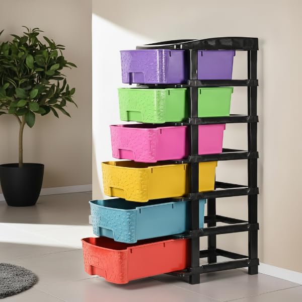 Image of KITCHIVO Plastic Modular Drawer Storage Chest Of Drawers Organizer Storage Box, Large Stomo Racks For Multipurpose Anti-slip Shoes Organizers (Stone & Multi, 6 Layer)