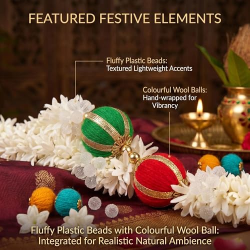Image of ALOUD CREATIONS 4Pc Fluffy Artificial Jasmine Flower (Mogra) Garland with Decorative Balls and Rose Hangings | Garland Latkan Toran for Door Entrance, Pooja Room, Festive Backdrop | 5 Feet (60 inch)