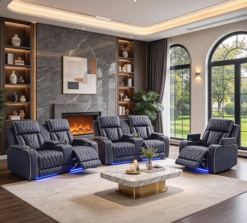 Dilcanor 3 Piece Power Recliner Sofa Set with LED Lights, Leather Reclining Living Room Furniture Set with 2 Loveseats and Chair, Cup Holders & Storage Console & Coffee Table for Living Room, Navy