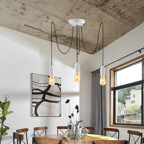 JIAHUA 3Lights White Industrial Pendant Light Fitting,Multiple Spider Ceiling Pendant Lamp Chandelier with Adjustable 3M Twisted Braided Cable E27 Lamp Holder - Image 5