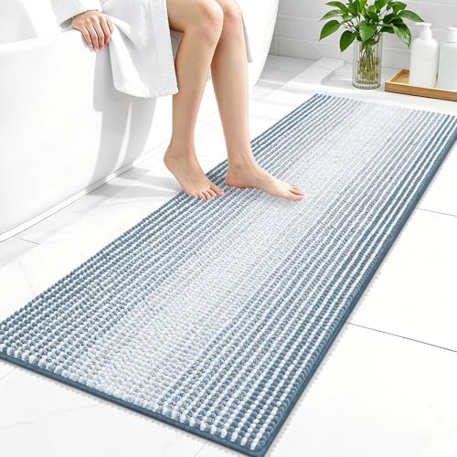 Image of OLANLY Bathroom Runner Rugs 47x20, Extra Soft Absorbent Chenille Striped Bath Rugs, Rubber Backing, Machine Wash Dry, Long Bath Mats for Bathroom, Tub, Shower, Home Decor Accessories, Airy Blue