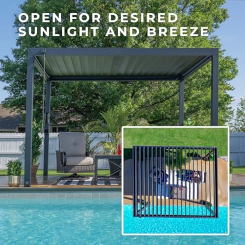 Image of Backyard Discovery Sarasota 12' x 10' Galvanized Steel Louvered Pergola Kit with Adjustable Roof, Shade, Rain Protection, High-Wind Rating, Gutter System for Outdoor Patio, Garden, Deck, Entertaining