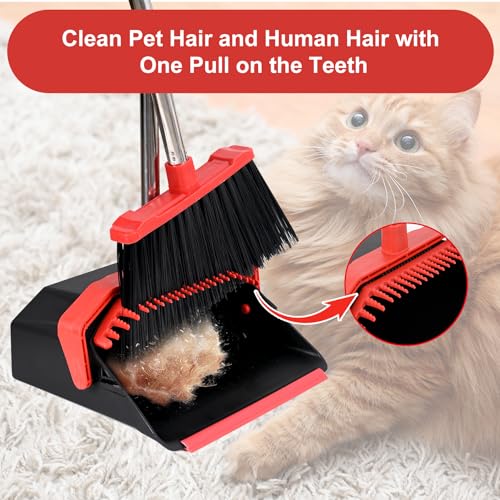Image of Tiumso Upgrade Broom with Dustpan Combo Set, Broom and Dustpan Set with 51'' Long Handle, Dust Pan and Brooms, ZeroGap Lip, Self-Cleaning Dustpans Teeth for Lobby Kitchen Restaurant - Black and Red