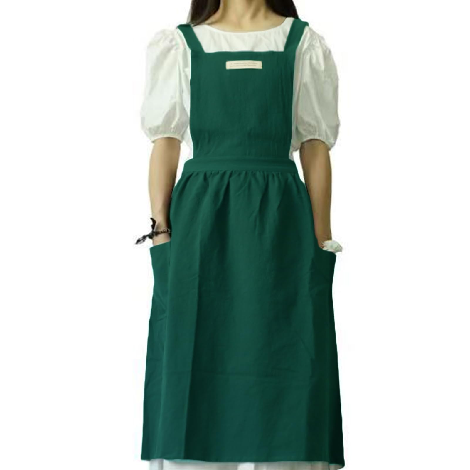 Delantal para mujer (algodón y lino, con tirantes cruzados, babero, algodón, vintage, delantal de cocina, con 2 bolsillos, para cocinero, jardinería, floristería, verde)