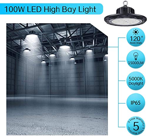 Vemofoper Ufo Led High Bay Light 100W Ultra Bright Ceiling Lamp For Garage,Shop,Gym,Warehouse Work Commercial Lighting Grade 15000Lm 120V 5000K Ip65 (100W) #TOP1