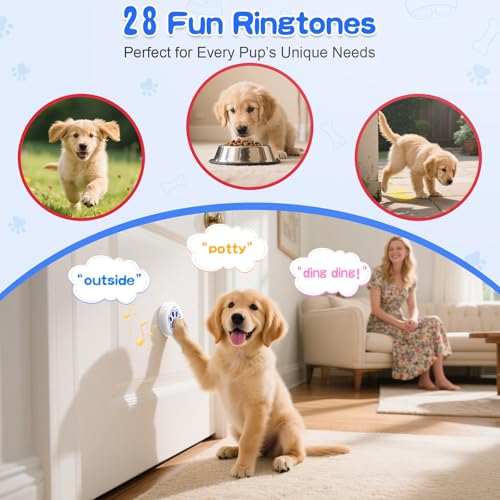 ChunHee Dog Training Bells for Door - Dog Door Bell for with 28 Custom Sounds | Dog Bell for Door Potty Training | Chew-Proof & Adjustable Volume (0-115dB) | Teach Puppies to Signal to Go Outside