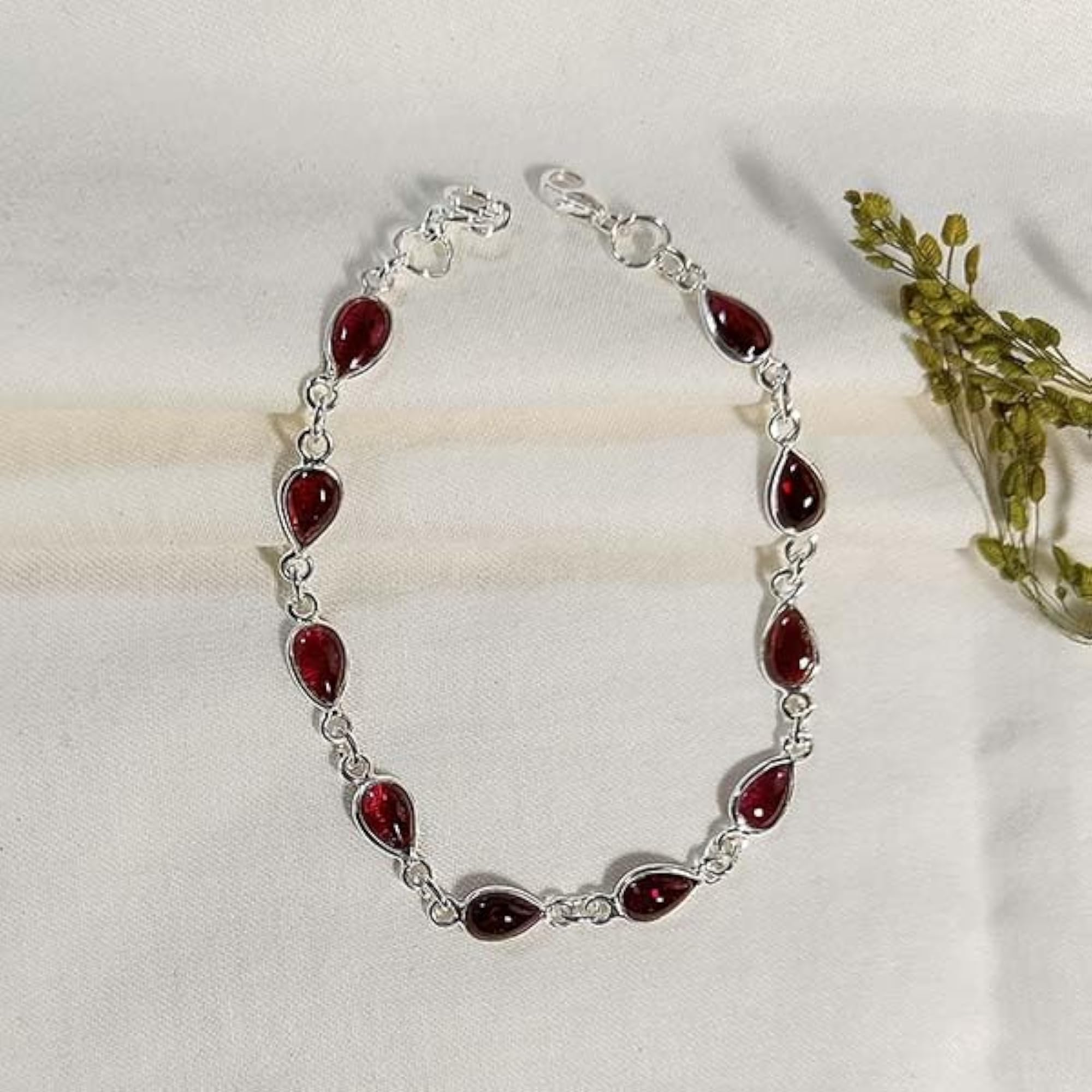 Women's 925 Sterling Silver Natural Pear Garnet Adjustable Bracelet