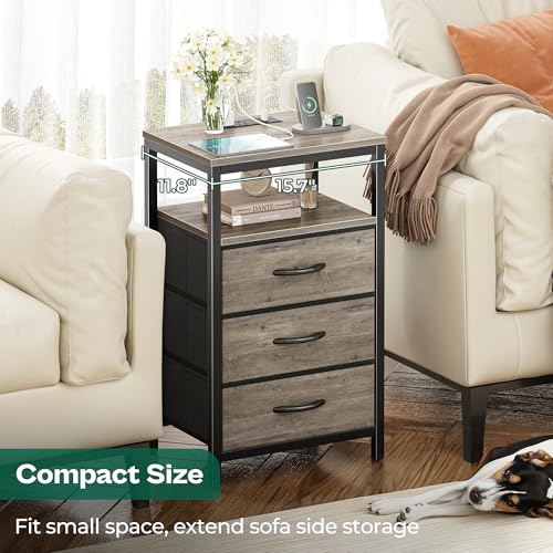 Image of Huuger Nightstand with Charging Station, 27.6 Inch Bedside Table,Side Table