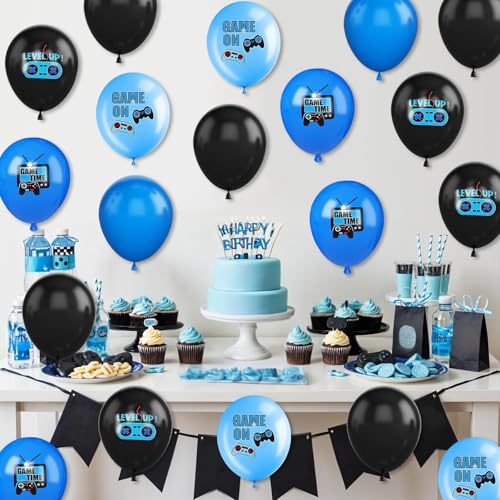 Image of Video Game Party Balloons,30Pcs 12inch Blue Black Confetti Game Theme Printed Balloons Decorations for Game Party Supplies Teens Player Birthday Party Decorations