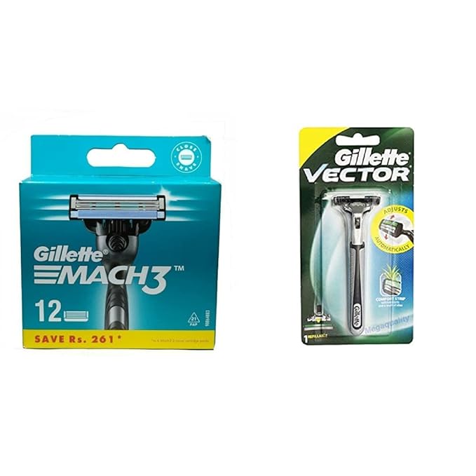 Gillette Mach 3 Manual Shaving Razor Blades (Cartridge) 12s pack & Gillette Vector Plus Manual