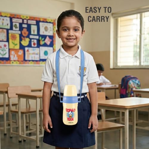 Image of MILTON Disney Kool Cheer 400 Plastic Insulated Thermo Water Bottle with Straw for School Kids I Food Grade, Leak Proof Lid with Hands Free Sipper, Easy to Carry Loop, Picnic, BPA Free, 390 ml, Beige