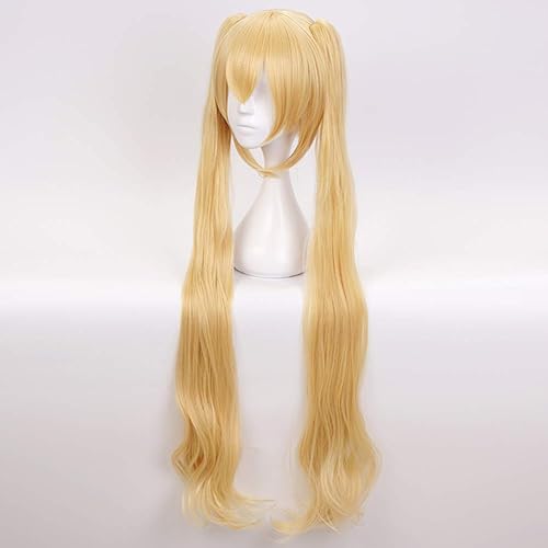 Miniatura 3 de ANOGOL Gorro de pelo + cola de caballo doble rubia larga rubia dorada peluca para anime Cosplay Lolita disfraz peluca de pelo sintético rubio doble