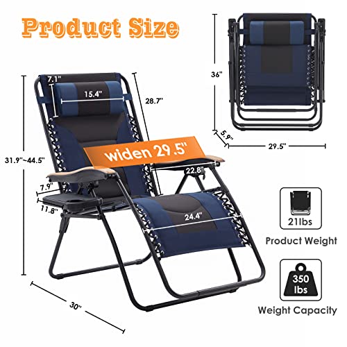 Farini Zero Gravity Chair Lounge Chair Outdoor, Xxl Reclining Patio Chair With Polyester Fabric Back Adjustable Pillow And Detachable Cup Holder, Oversized Support 350 Lbs, Navy Blue And Black #TOP2