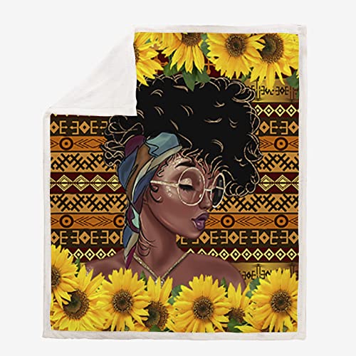 African American Girl Sunflower Black Girl Blanket Throw Plush Fleece Sherpa Blanket For Women And Girls Couch Sofa Bed Soft Blankets 50X60 Inch #TOP1