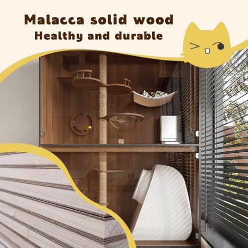 Luxury Indoor Cat Villa - Multi-Level Wooden Enclosure with Cat Tree, Tempered Glass & Iron Mesh Door, Heavy Duty Design, Pull-Out Bottom Plate, Elegant Cat Furniture