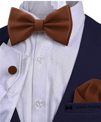 Image of Adam Young Men's Bow Ties with Handkerchief & Cufflinks Pre-Tied Style Formal Satin Classic Bowtie for Tuxedo Faux Silk