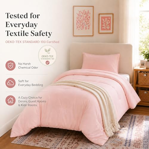 Image of weigelia Pink Comforter Twin Size, 2 Piece Twin Comforter Set with Pillowcase, Soft Microfiber Lightweight Comforter for Twin /Twin XL Bed, Solid Blush Pink Bedding Comforter for Girls Women Dorm Room