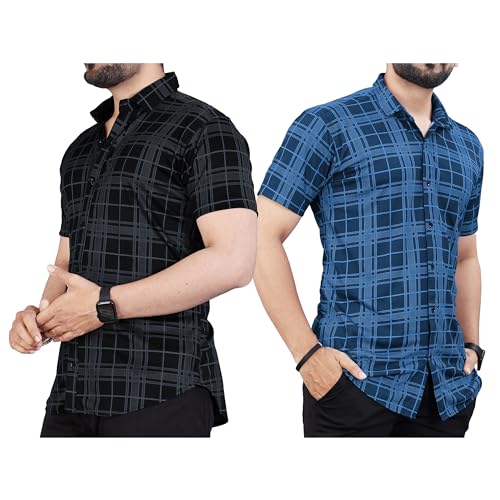 Image of LookMark Men's Trendy Lycra Blend Spread Collar Half Sleeve Printed Shirts - Elevate Your Style with Comfort and Versatility (Pack of 2)