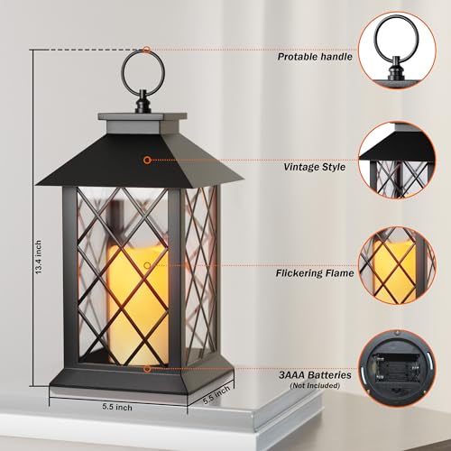 Image of 13.4 inch Lanterns Decorative Indoor, Black Lantern Decor with Timer Flickering Candle, Diamond-shaped Outdoor Lanterns, Waterproof Hanging Lantern for Patio, Porch, Entryway, Centerpieces, 2 Pack