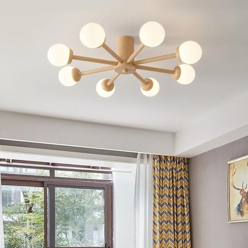 Lustre salon en bois et boule de verre à 8 têtes pour salle à manger