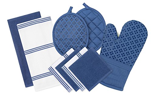 Sticky Toffee Silicone Printed Oven Mitt & Pot Holder, Cotton Terry Kitchen Dish Towel & Dishcloth, Dark Blue, 9 Piece Set