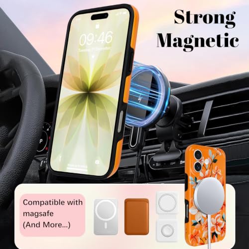 Image of Magnetic for iPhone 17 Case for Women Girl, Orange Floral | Stylish Flower Pattern Design [Compatible with MagSafe] [Full Camera Protection] 2-Layer Hybrid Shockproof Glossy Phone Case