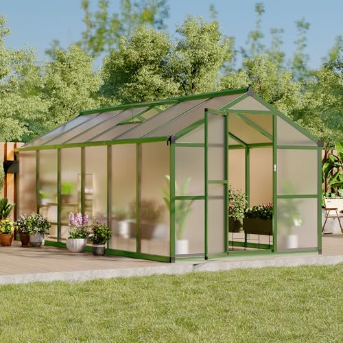 8x12 Ft Outdoor Greenhouses, Greenhouse Kit, Portablee Greenhouses with Ground Nails and Vent Windows, Sliding Lockable Door, Polycarbonate Green Hous