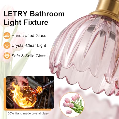Image of Bathroom Light Fixtures, 3-Light Brushed Gold Vanity Lights for Bathroom with Pink Tulip Glass Shade, 20 inch Vintage Bathroom Vanity Lighting Fixtures Over Mirror for Bedroom Living Room Hallway