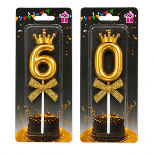 Image of Gold Number 60 Birthday Candle Set with Crown | Metallic Cake Topper Candles for 60th Birthday, Anniversary Celebration | Party Decoration Candles, 2 pcs