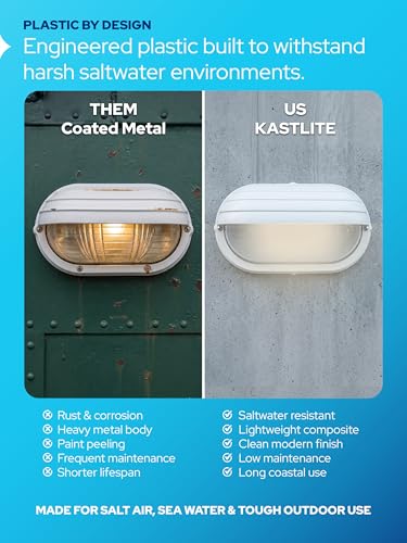 Image of KASTLITE Outdoor LED Bulkhead Light Fixture, 9.5W Energy Star 5000K Oval Wall Mount Nautical Lighting, Rust-Proof Polycarbonate Build for Wet Locations, Porch Patio Dock & Exterior Lights, FE103 /White